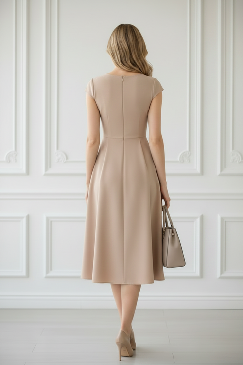 Beige Midi Dress With Short Sleeves NNC024