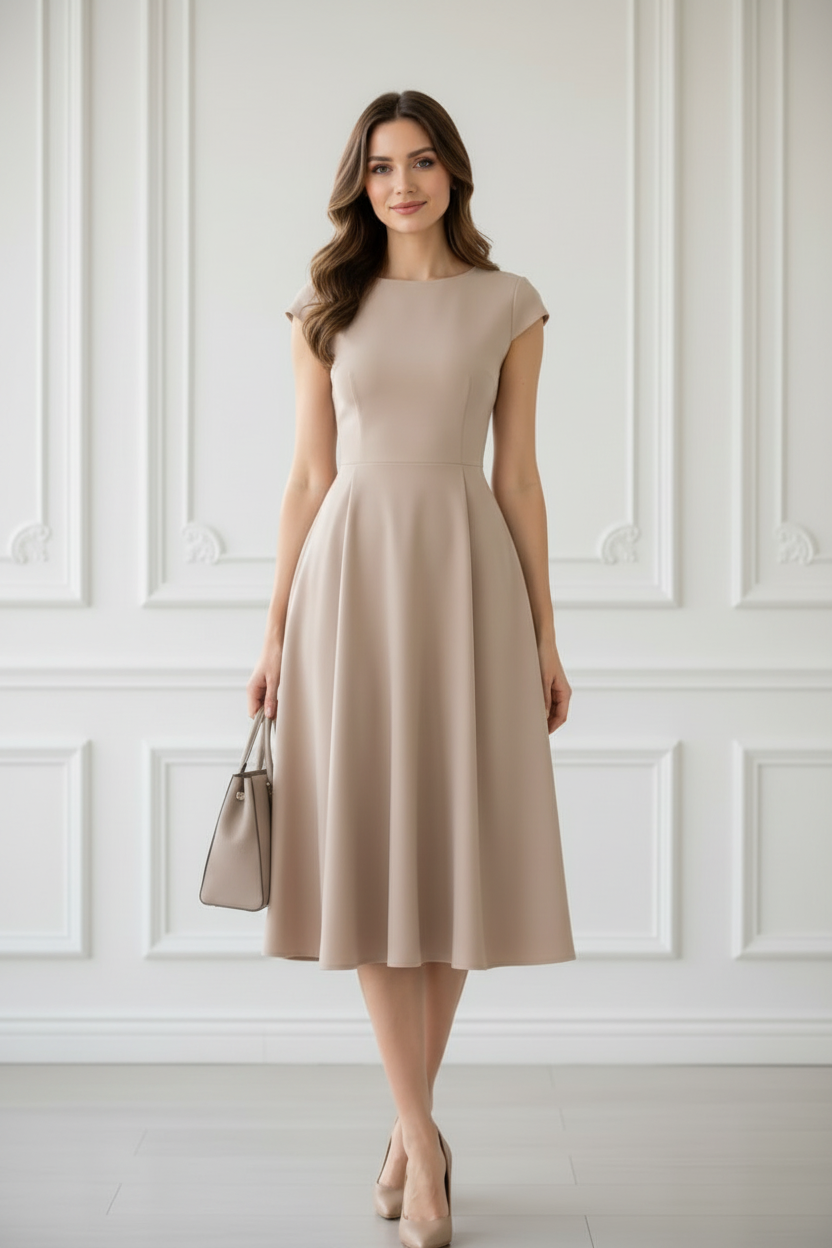 Beige Midi Dress With Short Sleeves NNC024