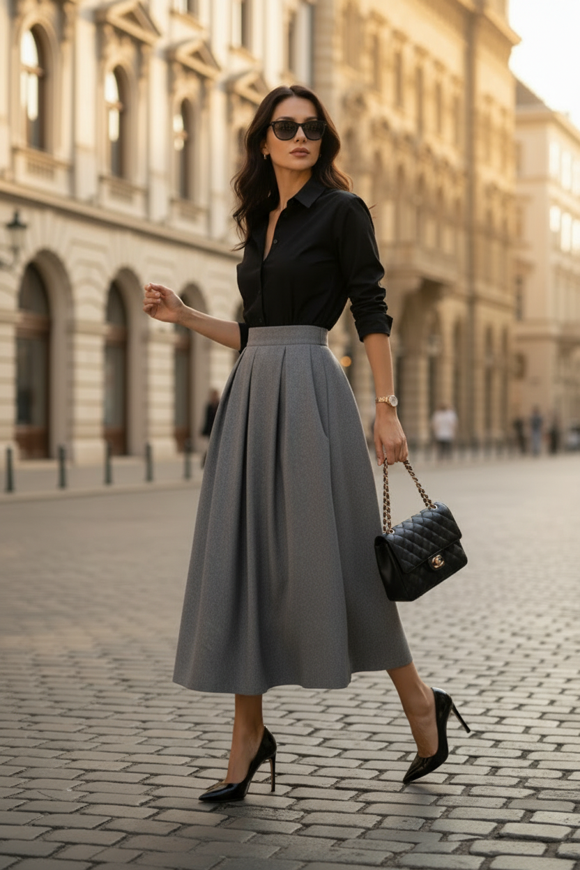 Gray Maxi Box Pleated Skirt With Pockets NNC0014