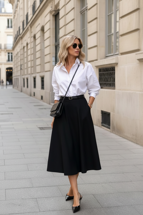 Black A-Line Midi Skirt With Pockets and Belt NNC0013