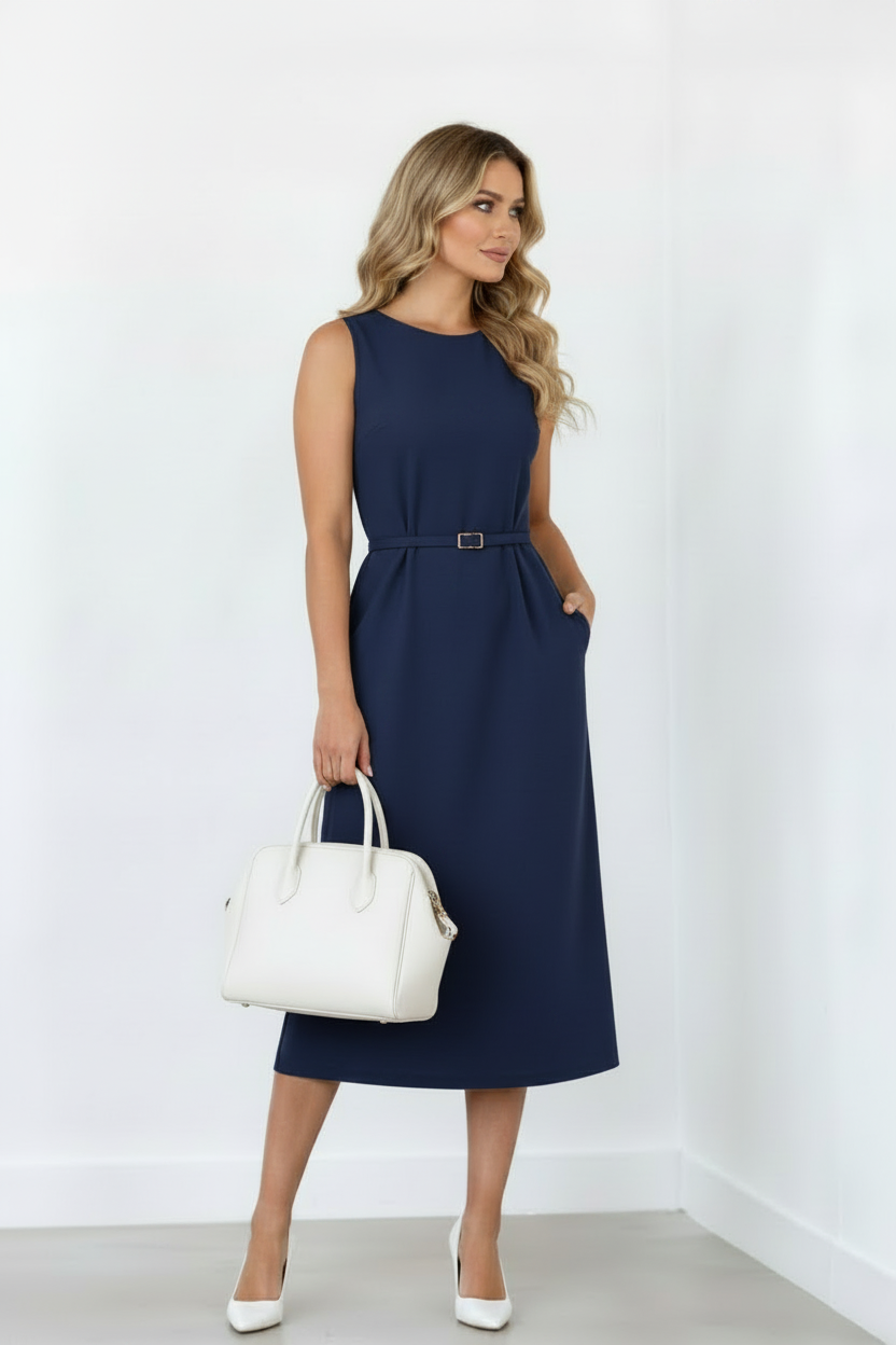 Navy Blue Casual Midi Dress With Pockets NNC0037