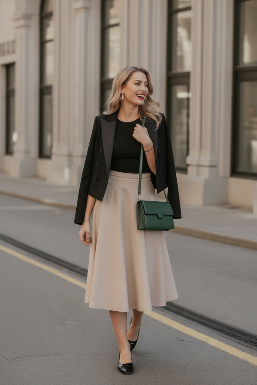 Beige A-Line Midi Skirt NNC009