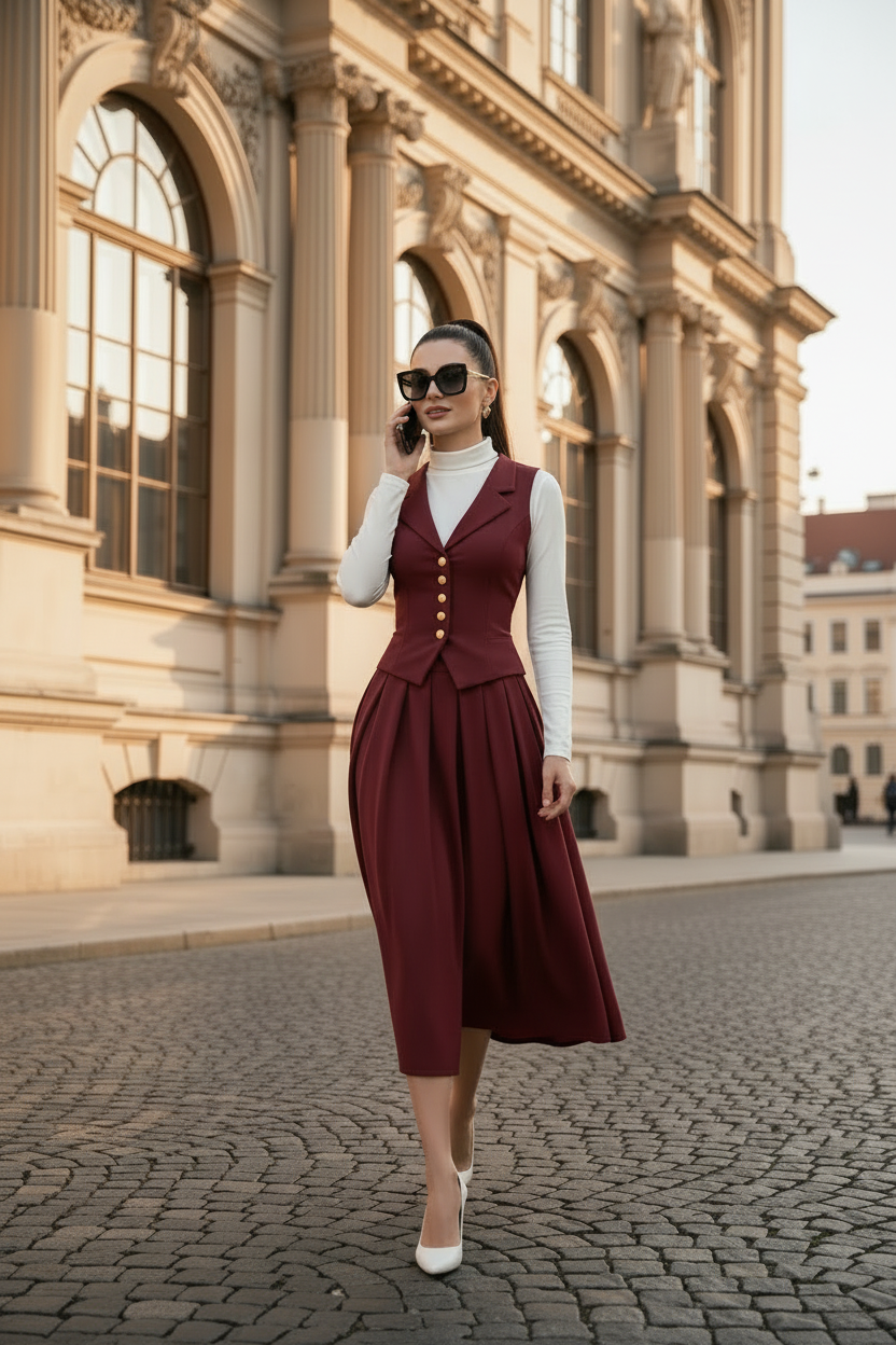 Bordoux Two Piece Set - Midi Box Pleated Skirt & Vest MDA1450