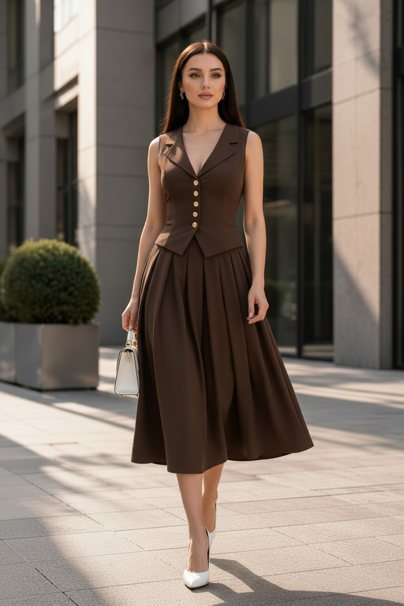 Brown Two Piece Set - Midi Box Pleated Skirt & Vest MDA1400