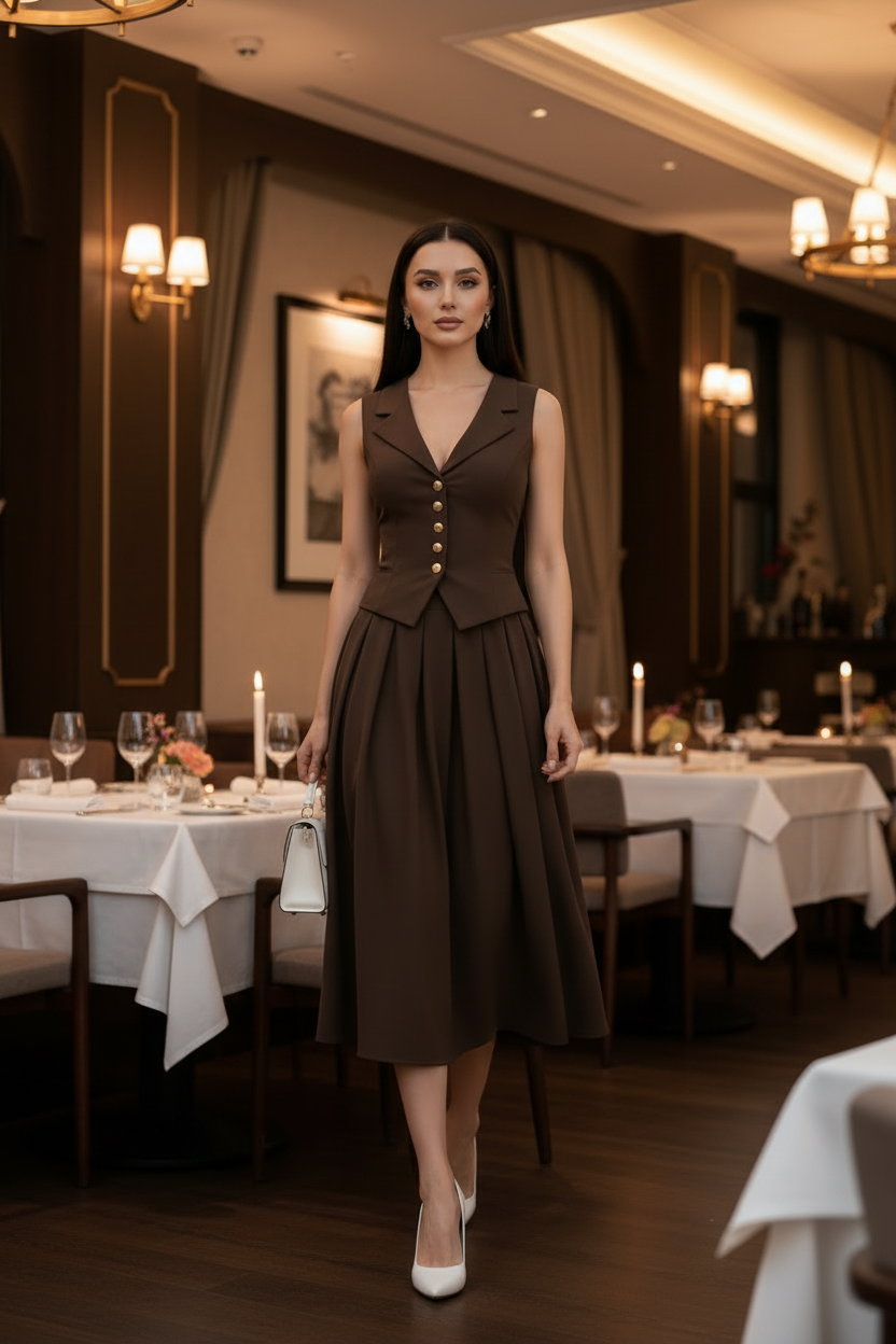 Brown Two Piece Set - Midi Box Pleated Skirt & Vest MDA1400