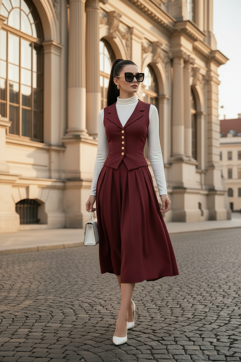 Bordoux Two Piece Set - Midi Box Pleated Skirt & Vest MDA1450