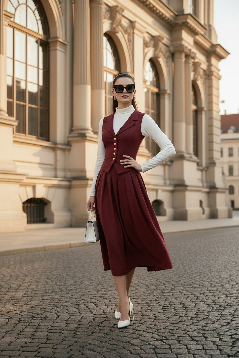 Bordoux Two Piece Set - Midi Box Pleated Skirt & Vest MDA1450