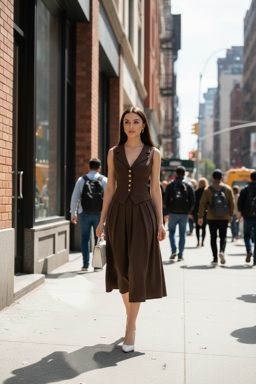 Brown Two Piece Set - Midi Box Pleated Skirt & Vest MDA1400