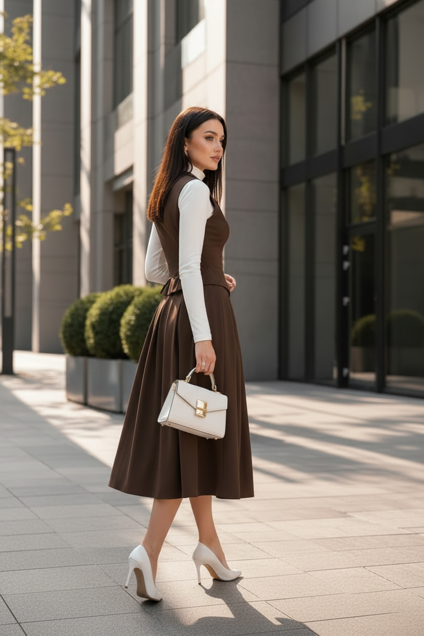 Brown Two Piece Set - Midi Box Pleated Skirt & Vest MDA1400
