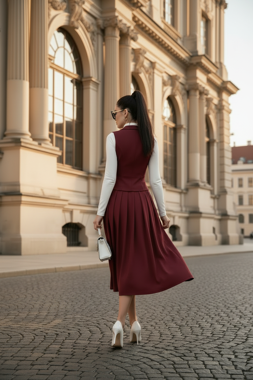 Bordoux Two Piece Set - Midi Box Pleated Skirt & Vest MDA1450