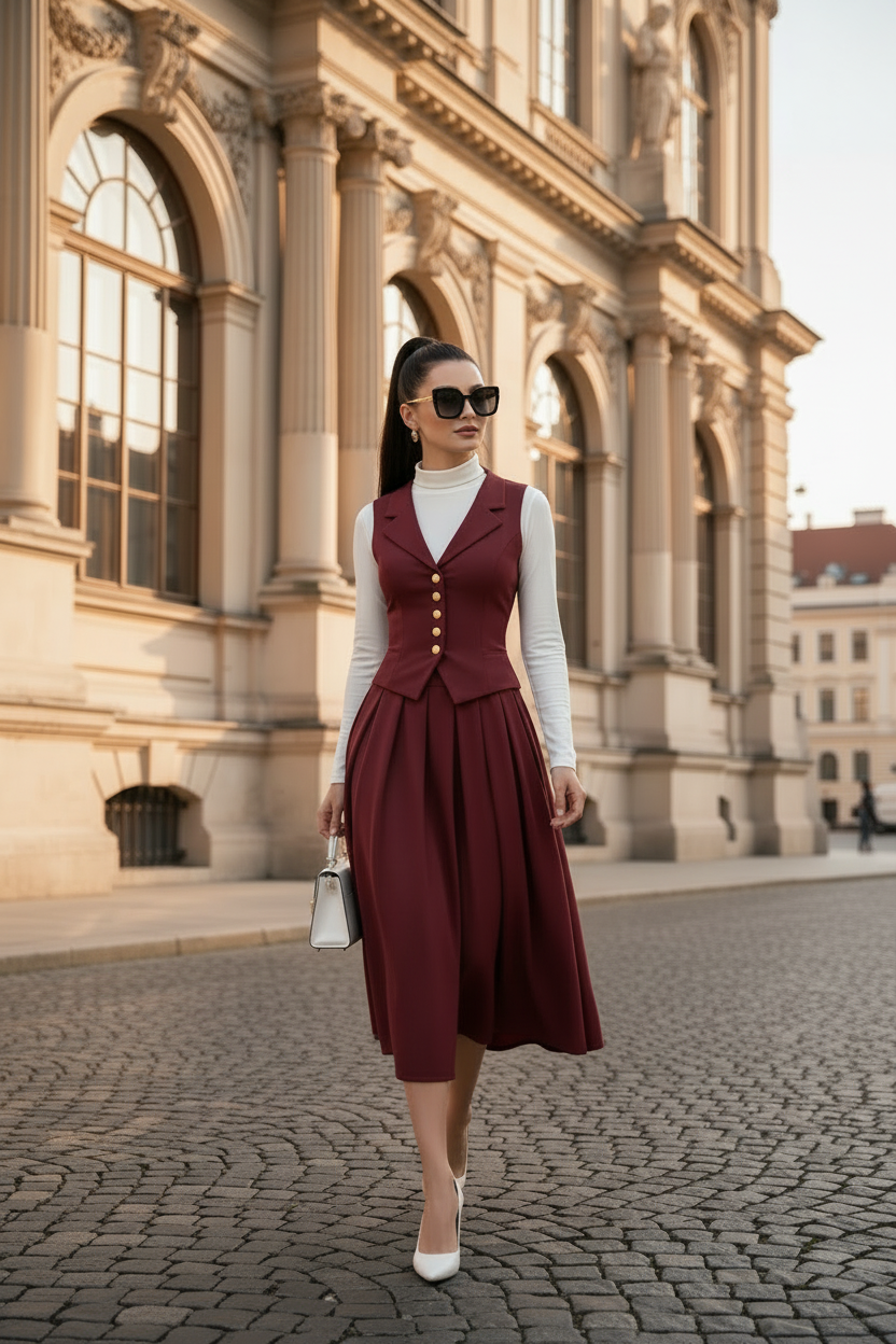 Bordoux Two Piece Set - Midi Box Pleated Skirt & Vest MDA1450