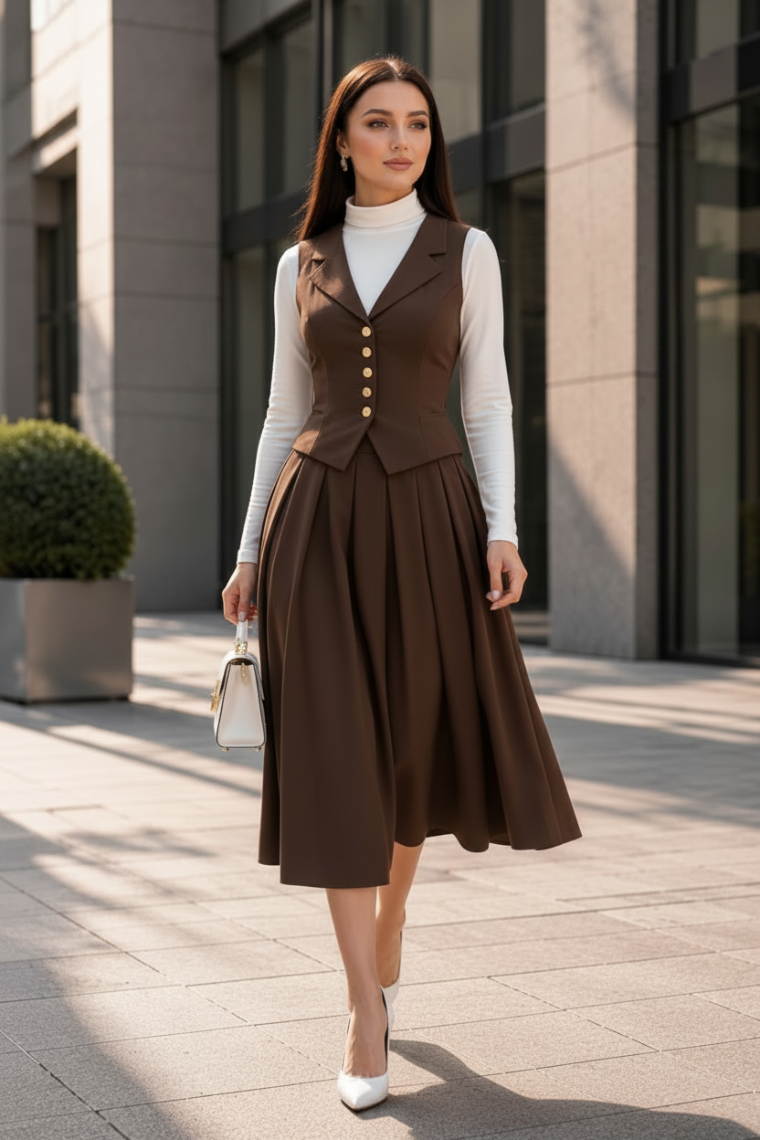Brown Two Piece Set - Midi Box Pleated Skirt & Vest MDA1400